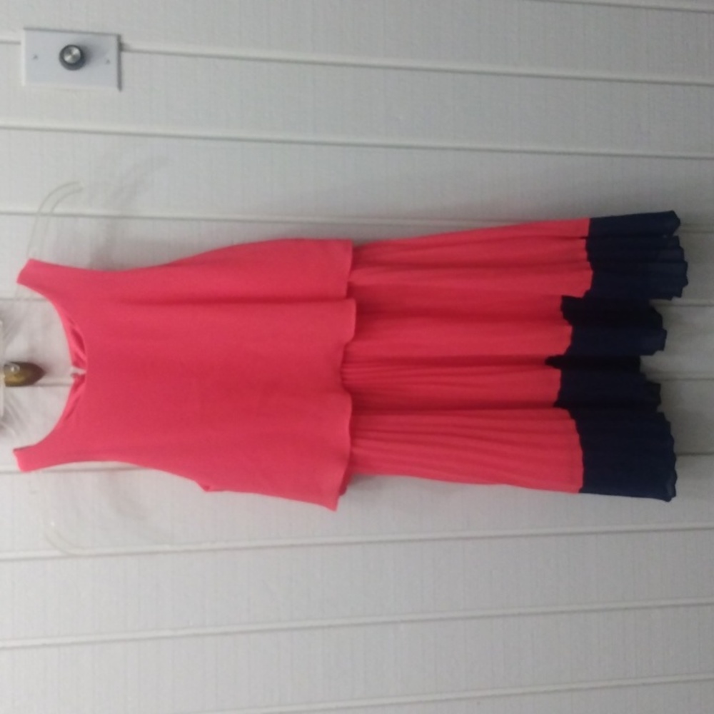 Girls Coral and Navy pleated dress